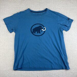 Mammut Graphic Logo T-Shirt Mens XL Blue Spell Out Cotton Tee Double sided